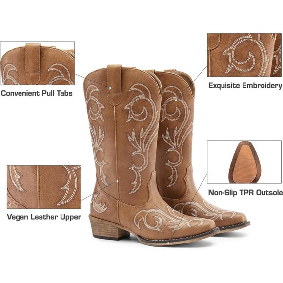 Dream Pairs Women's Tan Mid Calf Cowgirl Boots Square Toe Chunky Heel Shoes - Picture 5 of 8